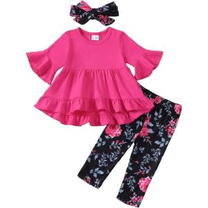 imageKucnuzki Baby Girl Clothes Toddler Girl Outfit Ruffle Sleeve Shirt Floral Pant Set Fall Winter Clothing for GirlHotpinksl