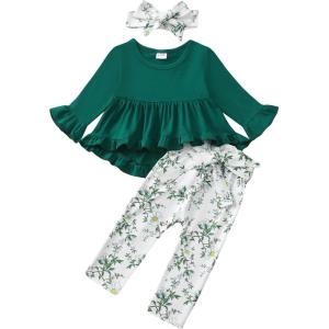 imageKucnuzki Baby Girl Clothes Toddler Girl Outfit Ruffle Sleeve Shirt Floral Pant Set Fall Winter Clothing for GirlJade Green