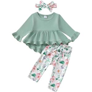 imageKucnuzki Baby Girl Clothes Toddler Girl Outfit Ruffle Sleeve Shirt Floral Pant Set Fall Winter Clothing for GirlLight Green