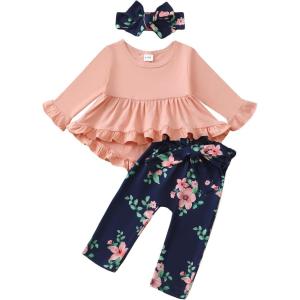 imageKucnuzki Baby Girl Clothes Toddler Girl Outfit Ruffle Sleeve Shirt Floral Pant Set Fall Winter Clothing for GirlLight Pink