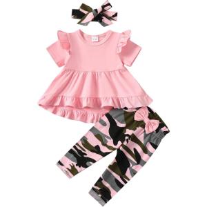 imageKucnuzki Baby Girl Clothes Toddler Girl Outfit Ruffle Sleeve Shirt Floral Pant Set Fall Winter Clothing for GirlPink Camosl