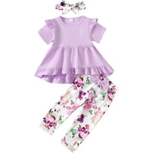 imageKucnuzki Baby Girl Clothes Toddler Girl Outfit Ruffle Sleeve Shirt Floral Pant Set Fall Winter Clothing for GirlPurple Flowersl