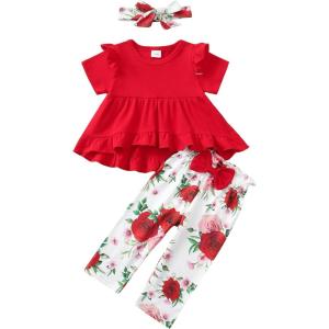 imageKucnuzki Baby Girl Clothes Toddler Girl Outfit Ruffle Sleeve Shirt Floral Pant Set Fall Winter Clothing for GirlRedsl