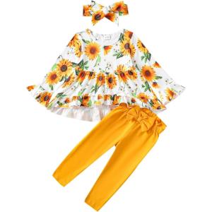 imageKucnuzki Baby Girl Clothes Toddler Girl Outfit Ruffle Sleeve Shirt Floral Pant Set Fall Winter Clothing for GirlSunflower Yellow
