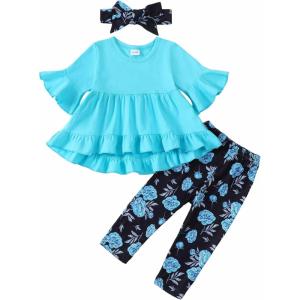 imageKucnuzki Baby Girl Clothes Toddler Girl Outfit Ruffle Sleeve Shirt Floral Pant Set Fall Winter Clothing for GirlTiffanylight Bluesl