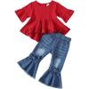 imageKucnuzki Toddler Baby Girls Clothes Long Sleeve Shirt Top Flare Denim Jeans Cute Outfit Baby Girl Fall Winter ClothesRedsl