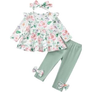 imageBaby Girl Clothes Toddler Girl Fall Outfits Ruffle Long Sleeve Floral Shirt Tops Winter Leggings Pants Clothing SetGreen Flower
