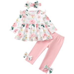 imageBaby Girl Clothes Toddler Girl Fall Outfits Ruffle Long Sleeve Floral Shirt Tops Winter Leggings Pants Clothing SetPink Flower