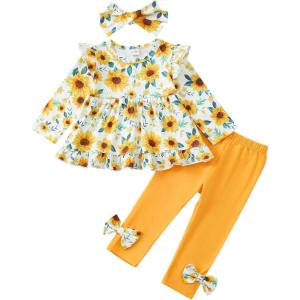 imageBaby Girl Clothes Toddler Girl Fall Outfits Ruffle Long Sleeve Floral Shirt Tops Winter Leggings Pants Clothing SetYellow Flower