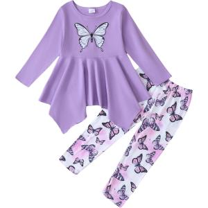 imageKucnuzki 7 8 year old little girl winter clothes toddler clothing butterfly purple top long sleeve shirts soft cute long pants fall two piece outfit