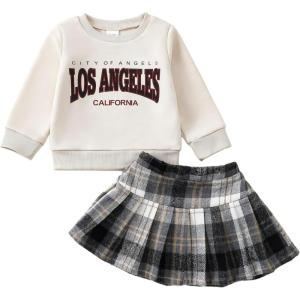 imageKucnuzki Baby Girl Clothes Toddler Girl Fall Outfits Kids Winter Cute Long Sleeve T Shirt Top Plaid Mini Skirt Dress SetApricot