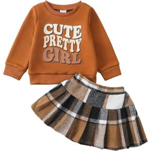imageKucnuzki Baby Girl Clothes Toddler Girl Fall Outfits Kids Winter Cute Long Sleeve T Shirt Top Plaid Mini Skirt Dress SetBrown