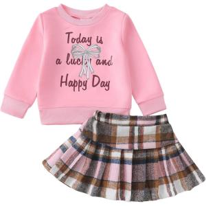 imageKucnuzki Baby Girl Clothes Toddler Girl Fall Outfits Kids Winter Cute Long Sleeve T Shirt Top Plaid Mini Skirt Dress SetPink