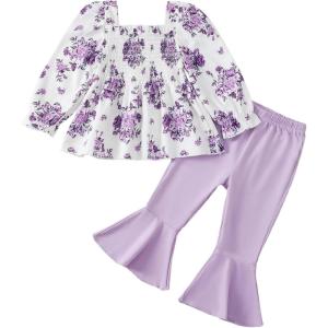 imageKucnuzki Baby Girl Clothes Toddler Girl Outfits Fall Winter Long Sleeve T Shirts Top Flare Leggings Pants Kids ClothingPurple Flower