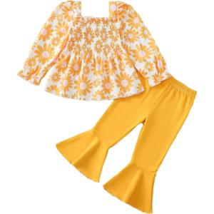 imageKucnuzki Baby Girl Clothes Toddler Girl Outfits Fall Winter Long Sleeve T Shirts Top Flare Leggings Pants Kids ClothingYellow Flower