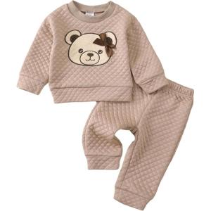 imageKucnuzki Baby Toddler Girl Clothes Long Sleeve Crewneck Sweatshirt Tops Sweatpant Sweatsuit Baby Girl Fall Winter OutfitKhaki