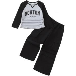 imageKucnuzki Kids Toddler Girl Clothes Graphic T Shirt Top Cargo Pants with Pocket 2 Piece Outfit Fall Clothing Set for GirlBlack