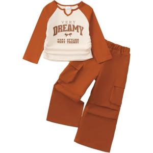 imageKucnuzki Kids Toddler Girl Clothes Graphic T Shirt Top Cargo Pants with Pocket 2 Piece Outfit Fall Clothing Set for GirlBrown