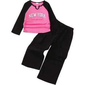 imageKucnuzki Kids Toddler Girl Clothes Graphic T Shirt Top Cargo Pants with Pocket 2 Piece Outfit Fall Clothing Set for GirlPink Black