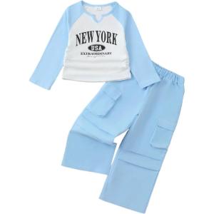 imageKucnuzki Kids Toddler Girl Clothes Graphic T Shirt Top Cargo Pants with Pocket 2 Piece Outfit Fall Clothing Set for GirlWhite Blue