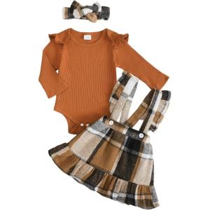 imageKucnuzki Newborn Baby Girl Clothes Toddler Long Sleeve Ruffle Romper Top Infant Skirt Set Little Girl Overall DressBrown Plaid