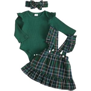 imageKucnuzki Newborn Baby Girl Clothes Toddler Long Sleeve Ruffle Romper Top Infant Skirt Set Little Girl Overall DressGreen Plaid
