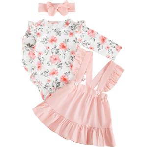 imageKucnuzki Newborn Baby Girl Clothes Toddler Long Sleeve Ruffle Romper Top Infant Skirt Set Little Girl Overall DressPink Flower