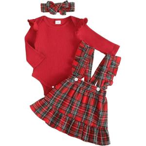 imageKucnuzki Newborn Baby Girl Clothes Toddler Long Sleeve Ruffle Romper Top Infant Skirt Set Little Girl Overall DressRed Plaid