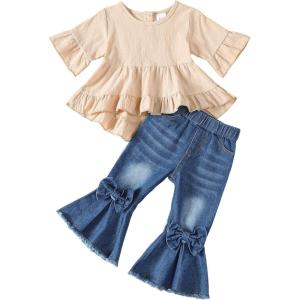 imageKucnuzki Toddler Baby Girls Clothes Long Sleeve Shirt Top Flare Denim Jeans Cute Outfit Baby Girl Fall Winter ClothesApricotsl