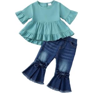 imageKucnuzki Toddler Baby Girls Clothes Long Sleeve Shirt Top Flare Denim Jeans Cute Outfit Baby Girl Fall Winter ClothesBluesl
