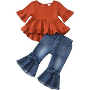 imageKucnuzki Toddler Baby Girls Clothes Long Sleeve Shirt Top Flare Denim Jeans Cute Outfit Baby Girl Fall Winter ClothesBrownsl