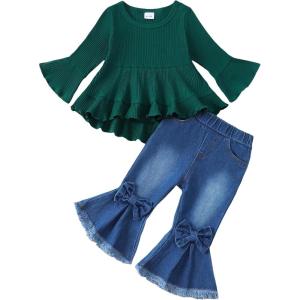 imageKucnuzki Toddler Baby Girls Clothes Long Sleeve Shirt Top Flare Denim Jeans Cute Outfit Baby Girl Fall Winter ClothesDark Green