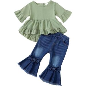 imageKucnuzki Toddler Baby Girls Clothes Long Sleeve Shirt Top Flare Denim Jeans Cute Outfit Baby Girl Fall Winter ClothesGreensl