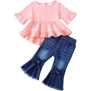 imageKucnuzki Toddler Baby Girls Clothes Long Sleeve Shirt Top Flare Denim Jeans Cute Outfit Baby Girl Fall Winter ClothesPinksl