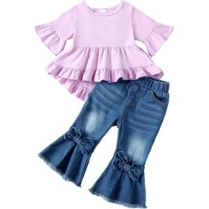 imageKucnuzki Toddler Baby Girls Clothes Long Sleeve Shirt Top Flare Denim Jeans Cute Outfit Baby Girl Fall Winter ClothesPurple Jeanssl