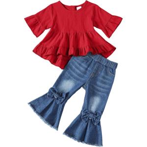 imageKucnuzki Toddler Baby Girls Clothes Long Sleeve Shirt Top Flare Denim Jeans Cute Outfit Baby Girl Fall Winter ClothesRedsl