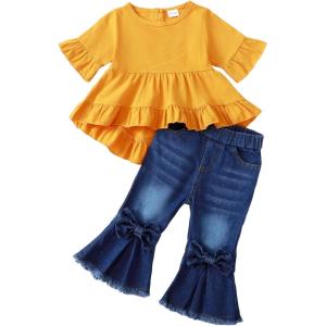 imageKucnuzki Toddler Baby Girls Clothes Long Sleeve Shirt Top Flare Denim Jeans Cute Outfit Baby Girl Fall Winter ClothesYellowsl