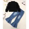 imageKucnuzki Toddler Girl Clothes Cute Kids Clothes Long Sleeve T Shirts Top Bell Bottom Denim Jeans Pants Matching OutfitsBlack