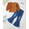 imageKucnuzki Toddler Girl Clothes Cute Kids Clothes Long Sleeve T Shirts Top Bell Bottom Denim Jeans Pants Matching OutfitsDark Brown