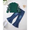 imageKucnuzki Toddler Girl Clothes Cute Kids Clothes Long Sleeve T Shirts Top Bell Bottom Denim Jeans Pants Matching OutfitsGreen
