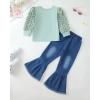 imageKucnuzki Toddler Girl Clothes Cute Kids Clothes Long Sleeve T Shirts Top Bell Bottom Denim Jeans Pants Matching OutfitsPea Green