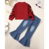 imageKucnuzki Toddler Girl Clothes Cute Kids Clothes Long Sleeve T Shirts Top Bell Bottom Denim Jeans Pants Matching OutfitsRed