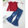 imageKucnuzki Toddler Girl Clothes Cute Kids Clothes Long Sleeve T Shirts Top Bell Bottom Denim Jeans Pants Matching OutfitsWine