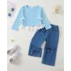 imageKucnuzki Toddler Kids Girl Clothes Long Sleeve Shirt Tops Baggy Jeans Cute Pants Set Baby Girl Outfit 2 Piece ClothingBlue