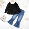imageKucnuzki Toddler Kids Girl Clothes Long Sleeve Shirt Tops Baggy Jeans Cute Pants Set Baby Girl Outfit 2 Piece ClothingPureblackl