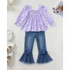 imageKucnuzki Toddler Kids Girl Clothes Long Sleeve Shirt Tops Baggy Jeans Cute Pants Set Baby Girl Outfit 2 Piece ClothingPurple Flowerl