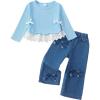 imageKucnuzki Toddler Kids Girl Clothes Long Sleeve Shirt Tops Baggy Jeans Cute Pants Set Baby Girl Outfit 2 Piece ClothingBlue