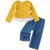 imageKucnuzki Toddler Kids Girl Clothes Long Sleeve Shirt Tops Baggy Jeans Cute Pants Set Baby Girl Outfit 2 Piece ClothingYellow