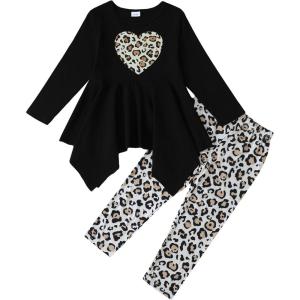 imageKucnuzki 4t 5t girl toddler clothes soft black long sleeve top graphic tee shirt long leg leopard print pants two piece set winter fall outfits