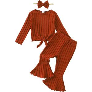 imageKucnuzki Baby Girl Clothes Toddler Clothes Long Sleeve Plain Shirts Top Bell Bottoms Flare Pants Infant Girl Fall OutfitDark Brown